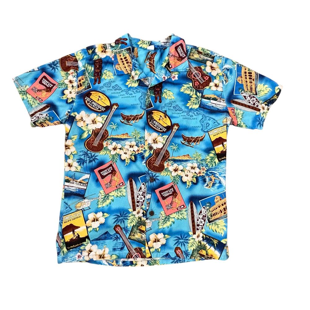 Palmwave Hawaiian Island Print Button Down Collared Shirt‎ - L
